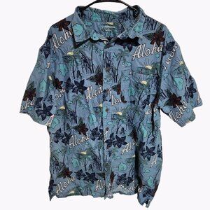 Croft Barrow Hawaiian Shirt Mens Size XL Aloha Floral Graphic Blue Button Front